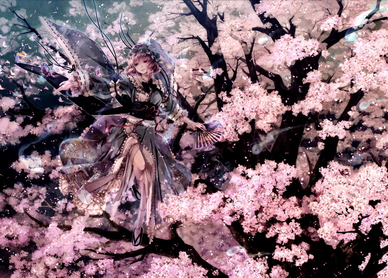 kimono, Touhou, 8K, anime girls, cherry blossom, Saigyouji Yuyuko
