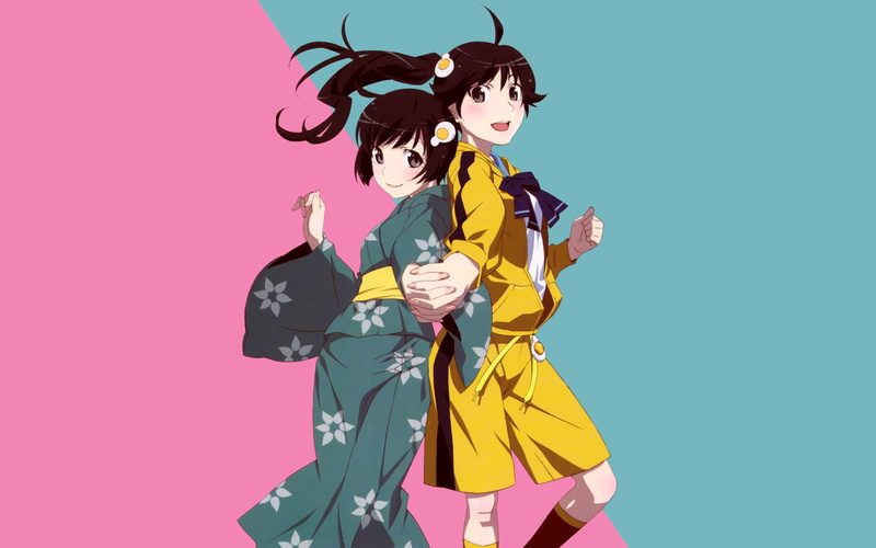 Monogatari Series, 2K, artwork, anime girls, brunette, brown eyes, anime, white skin, simple background, Araragi Tsukihi, Araragi Karen, yukata