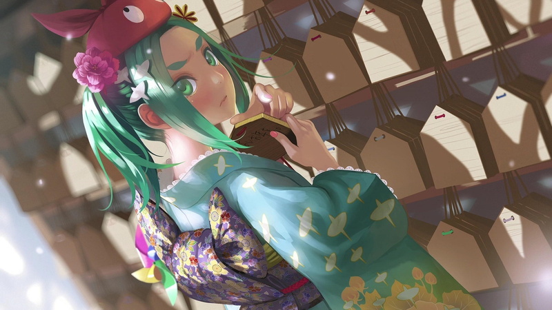 anime, colorful, green eyes, traditional clothing, 4K, Japanese clothes, Ononoki Yotsugi, yukata, blushing, flowers, anime girls, Monogatari Series, kimono