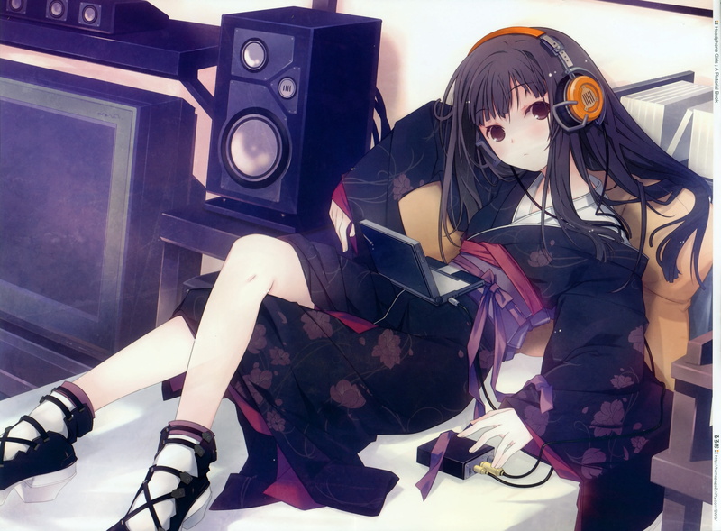 hairstyle, anime, full length, music, listening, occupation, Japanese clothes, front view, technology, Ruroo, clothing, women, fashion, casual clothing