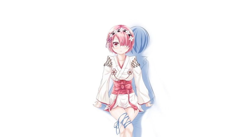 blue hair, Ram (Re: Zero), blue eyes, yukata, Re:Zero Kara Hajimeru Isekai Seikatsu, 1080P, Rem (Re: Zero), white background