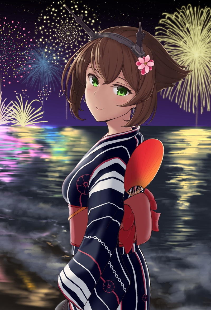 childhood, kimono, water, palm tree, outdoors, green eyes, multi colored, night, new years eve, offspring, fun, short hair, anime girls, Japanese clothes