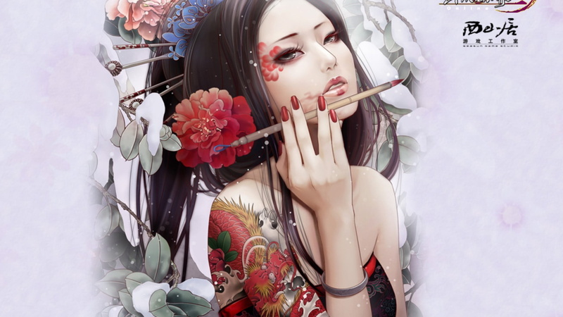 anime, holding, portrait, beautiful woman, women, 1080P, young adult, Jx Online, anime girls, looking at camera, front view, real people, tattoo, headshot