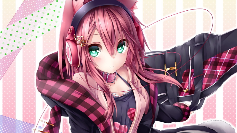 smiling, anime girls, pink hair, 2K, manga, anime, green eyes, long hair, headphones, hair ornament, collars