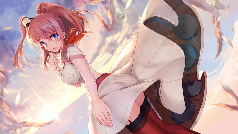 anime girls, looking at viewer, skirt, anime, stockings, pink hair, 1080P, birds, Saratoga (KanColle), Kantai Collection, sky, open mouth, sunset