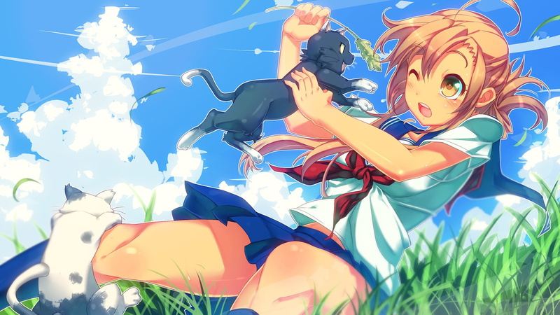 animals, art and craft, outdoors, nature, freedom, sky, Nyan Koi, anime, Mizuno Kaede, representation, leisure activity, looking away, cloud - sky, blue