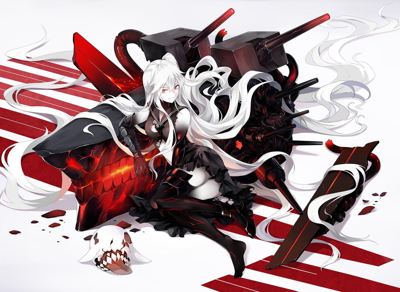 720P, collection, thigh, kantai collection, aircraft, hime, school, red eyes, white hair, anime, long hair, long, kantai, heels, carrier, highs, red, thigh-highs