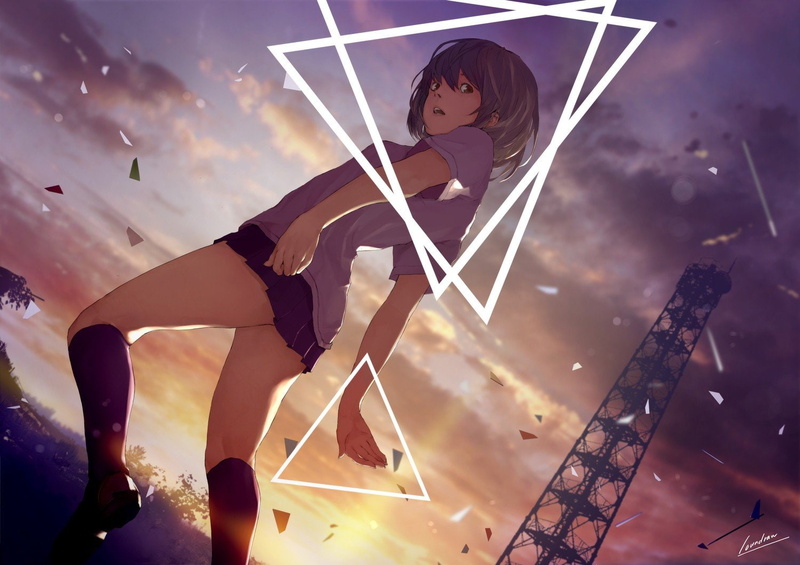 school, brown, open, skyscapes, anime, uniforms, hair, triangles, loundraw, characters, skirts, scenic, original, knee, brunettes, back, short, bangs, sunset
