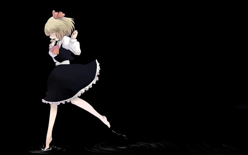 mouth, school, bangs, drops, video, schoolgirls, hair, raised, rumia, short, blush, uniforms, arms, skirts, barefoot, bows, running, dark, simple, ornaments