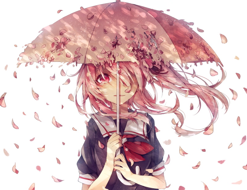 Kantai Collection, Umbrella, Pink Hair, Harusame (Kancolle), Long Hair, 1080P, Girl, Tears, School Uniform, Petal, Pink Eyes, Anime