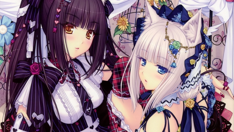 detached sleeves, twintails, long hair, Chocolat (Neko Para), thigh-highs, brunette, Neko Para, animal ears, ribbon, white hair, painted nails, blue eyes