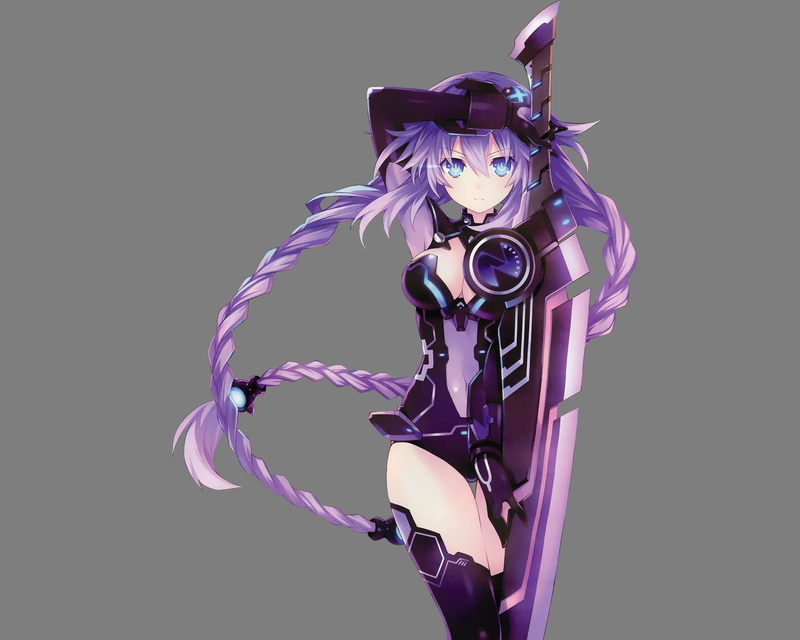 silver colored, Hyperdimension Neptunia, technology, anime girls, front view, sword, futuristic, cut out, representation, Purple Heart, studio shot, purple