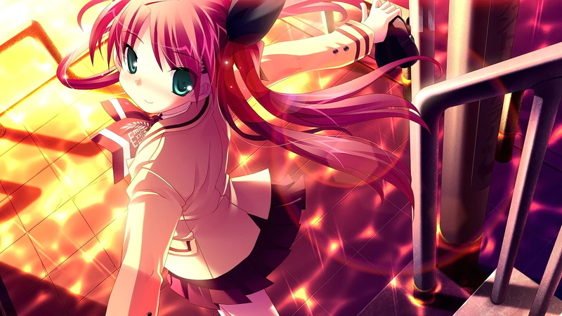 anime, looking at viewer, illuminated, people, multi colored, shopping, shoe, smiling, redhead, store, green eyes, party - social event, indoors, women