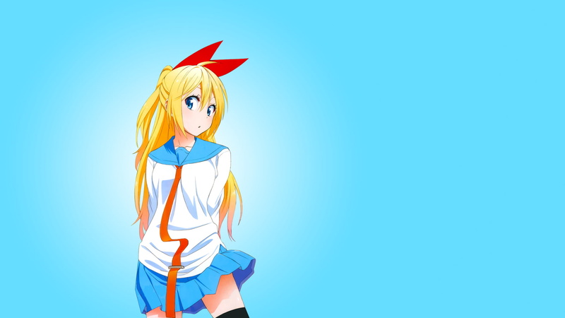 gradient, anime girls, school uniform, Kirisaki Chitoge, blue eyes, 1080P, Nisekoi, anime, long hair, ribbon, skirt, hair ornament, blonde