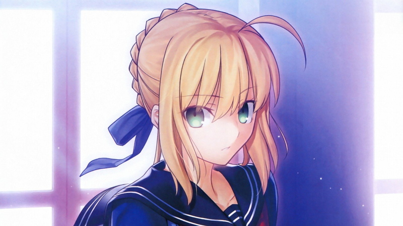 fate stay, eyes, school, saber, bun, ribbons, takashi, night, hair, fate, short, ahoge, schoolgirls, green, visual, uniforms, windows, video, 1080P, ornaments
