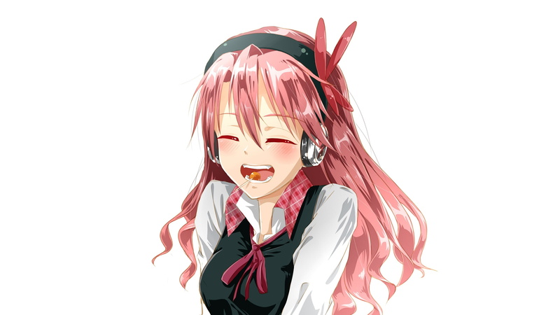 2K, Chelsea, Akame ga Kill!, blushing, headphones, pink hair, white background