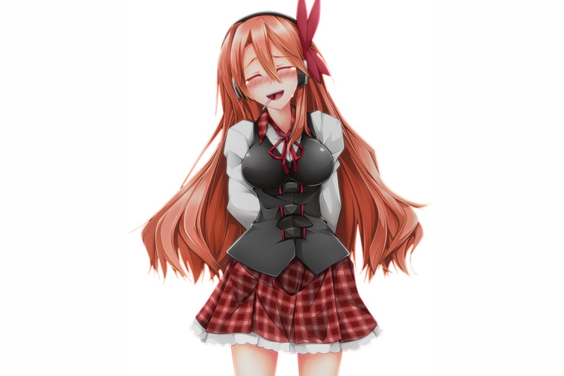 1080P, smiling, Akame ga Kill!, headphones, anime, long hair, hair ornament, anime girls, simple background, blushing, redhead, Chelsea