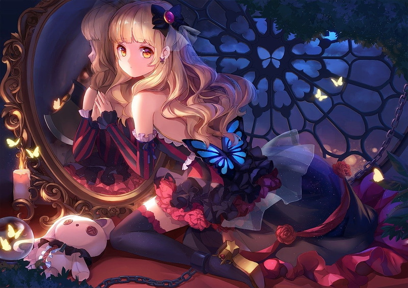 blonde, Mayu (Vocaloid), Vocaloid, dress, 480P, mirror, hair ornament, anime girls, anime
