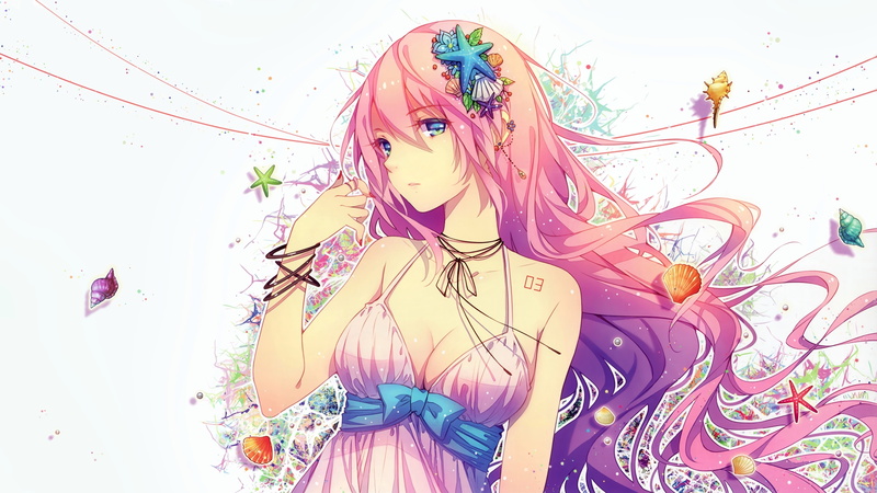 headdress, young adult, purple hair, white background, lifestyles, dress, starfish, bangs, jewelry, real people, ribbon, looking at camera, anime girls