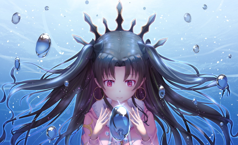 digital composite, representation, blue, 1080P, looking at camera, water bubbles, Anime, headshot, close-up, art and craft, black hair, red eyes, fate grand order