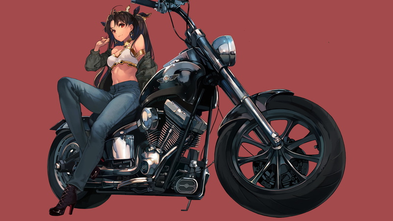 1080P, simple background, Ishtar (Fate Grand Order), heels, motorcycle, Fate/Grand Order, bikini top, twintails, jeans, anime, Fate Series, anime girls