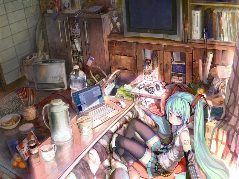 1080P, computer, high angle view, no people, large group of objects, Xbox 360, day, food and drink, Hatsune Miku, jar, domestic room, kitchen utensil