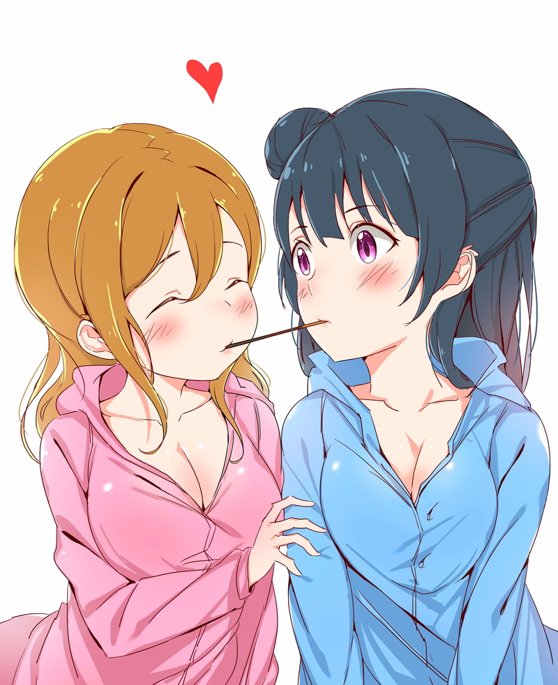 Love Live! Sunshine, pyjamas, Love Live!, simple background, heart, 2K, brunette, Tsushima Yoshiko, Pocky, anime girls, cleavage, blue hair, closed eyes