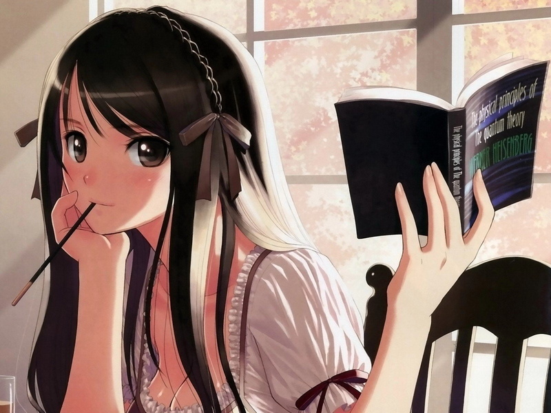 cleavage, anime, 720P, panes, eyes, tony, hair, taka, women, band, girls, students, ribbons, brown, brunettes, pocky, long, window, books