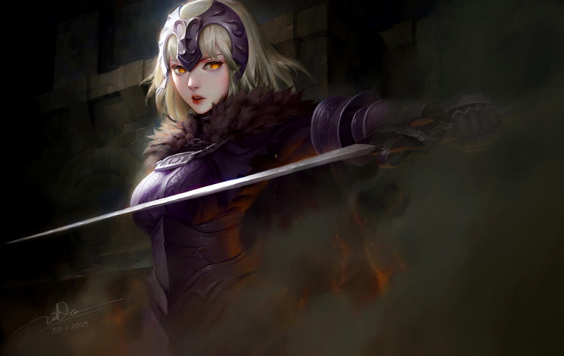 Joan Of Arc, fantasy, pearls, blonde, Avenger (Fate/Grand Order), Joan Of Arc alter, Fate/Grand Order, sword, weapon, yellow eyes, armor, fantasy art, 1080P