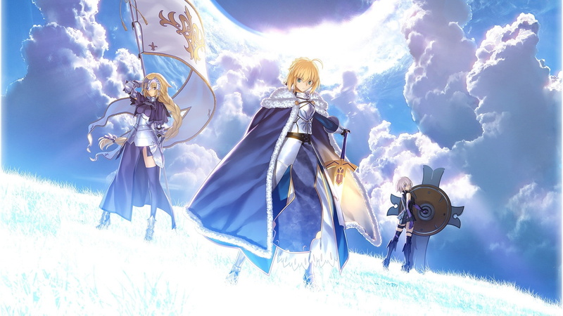 Saber, cloud - sky, beauty in nature, sky, low angle view, human representation, sunlight, Anime Girls, representation, day, sword, Type Moon, celebration