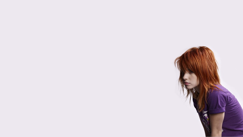 Paramore, standing, profile view, white background, redhead, singer, long hair, band, 1080P, contemplation, bangs, teenager, one person, hairstyle, beautiful woman