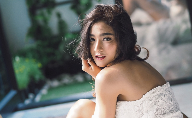 open mouth, portrait, strapless, hair, focus on foreground, outdoors, looking, bride, looking over shoulder, looking at viewer, 1080P, Asian, Thailand model