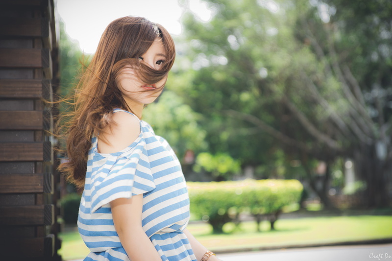 Asian, long hair, outdoors, blue dress, smiling, women outdoors, brown eyes, focus on foreground, one person, portrait, casual clothing, beautiful woman