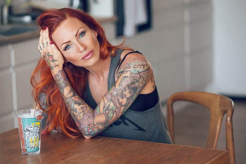 1080P, tattoo, women, model, redhead, Anne Lindfjeld