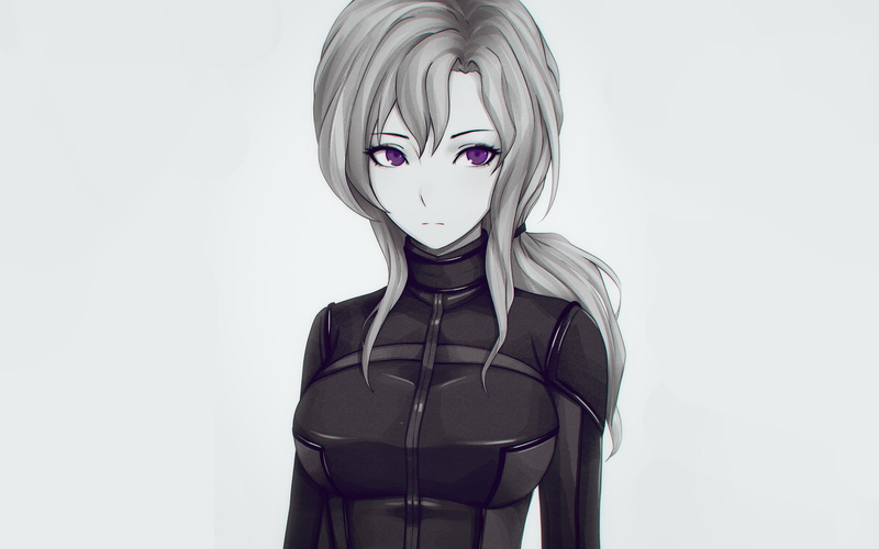 looking at camera, obscured face, copy space, Steins;Gate, indoors, anime girls, white background, cut out, front view, standing, costume, Kiryuu Moeka