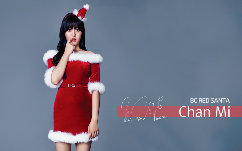 Chanmi, women, beauty, indoors, portrait, bangs, blue background, fashion, standing, front view, 1080P, red, K-pop, studio shot, AOA, Christmas, costume