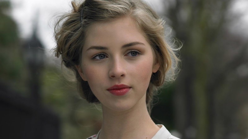 close-up, contemplation, make-up, beautiful woman, looking away, lipstick, front view, beauty, headshot, Hermione Corfield, body part, hairstyle, day, outdoors