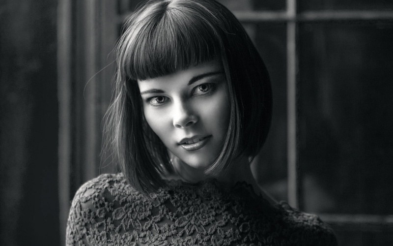 women, monochrome, focus on foreground, brown hair, face, innocence, model, contemplation, hairstyle, close-up, young adult, beauty, portrait, looking at camera