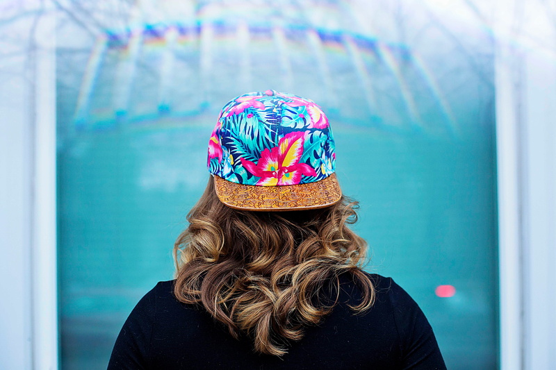 medium-length hair, women, day, lifestyles, blue, real people, rear view, back, brown hair, facing, human hair, portrait, one woman only, people, knit hat