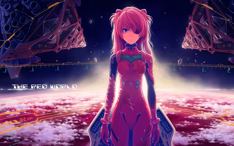 perspective, HUD, digital art, EVA Unit 02, planet, science fiction, symmetry, spaceship, Asuka Langley Shikinami, clouds, anime girls, plugsuit, anime