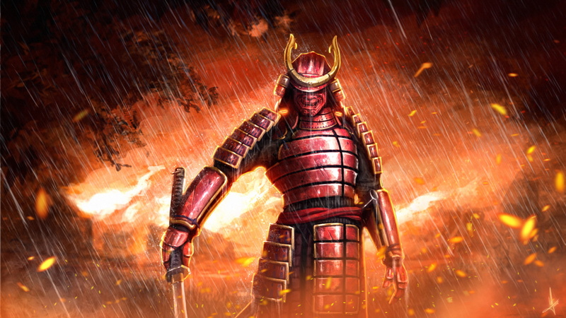 Samurai, Fantasy, Mask, Sword, Katana, Rain, Fire, Armor, 1080P