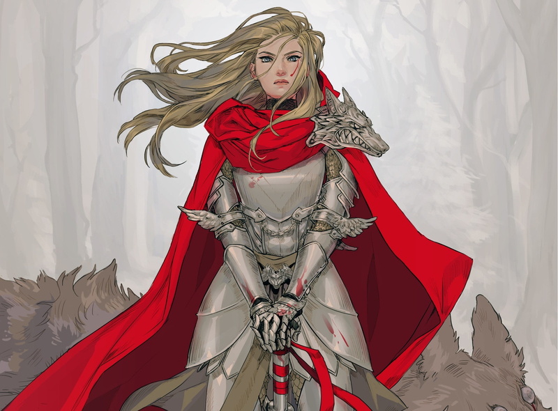 girl, look, armor, art, knight, blonde, red, anime, character, sword, cloak, haired, 1080P