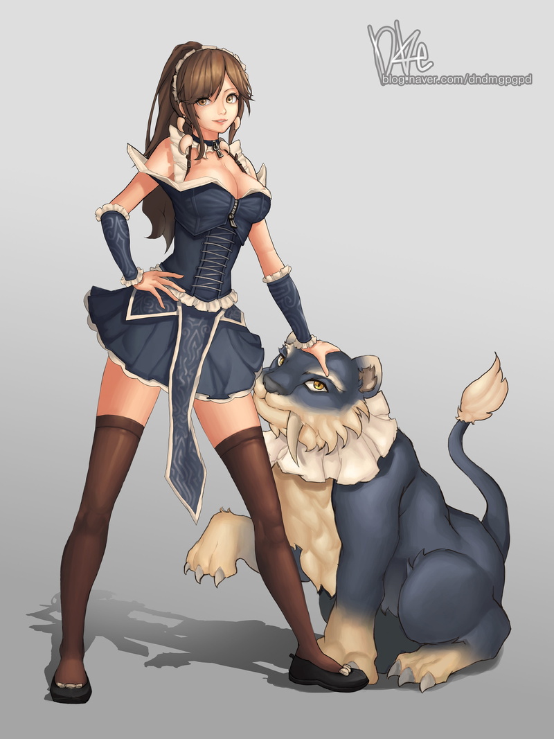 Nidalee (League of Legends), portrait, fashion, stiletto, indoors, anime, League of Legends, studio shot, hairstyle, thigh-highs, women, young adult, cleavage