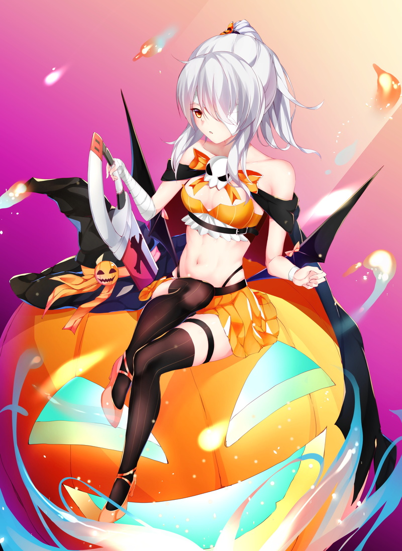 thigh-highs, wings, pumpkin, 5K, sword, cleavage, Bilan Hangxian, heels, Halloween