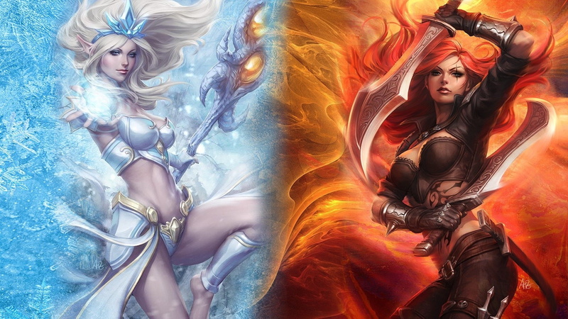 White Hair, Weapon, Long Hair, Video Game, League Of Legends, Red Hair, 1080P, Sword, Katarina (League Of Legends), Pointed Ears, Janna (League Of Legends