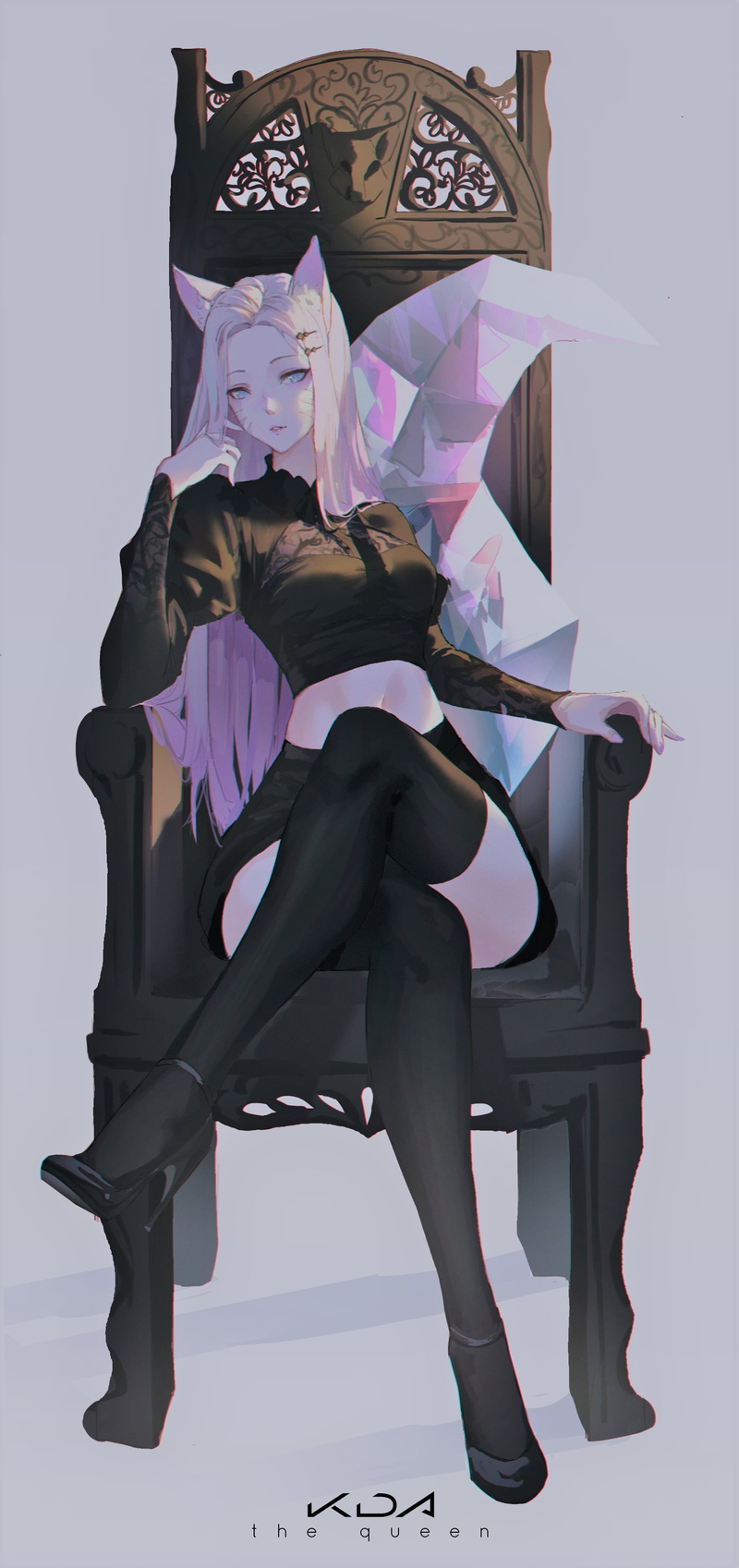 erospanda, artwork, black stockings, fox tail, 2K, fox girl, blonde, clothing, women, Riot Games, video game characters, skirt, sitting on the chair, black skirts
