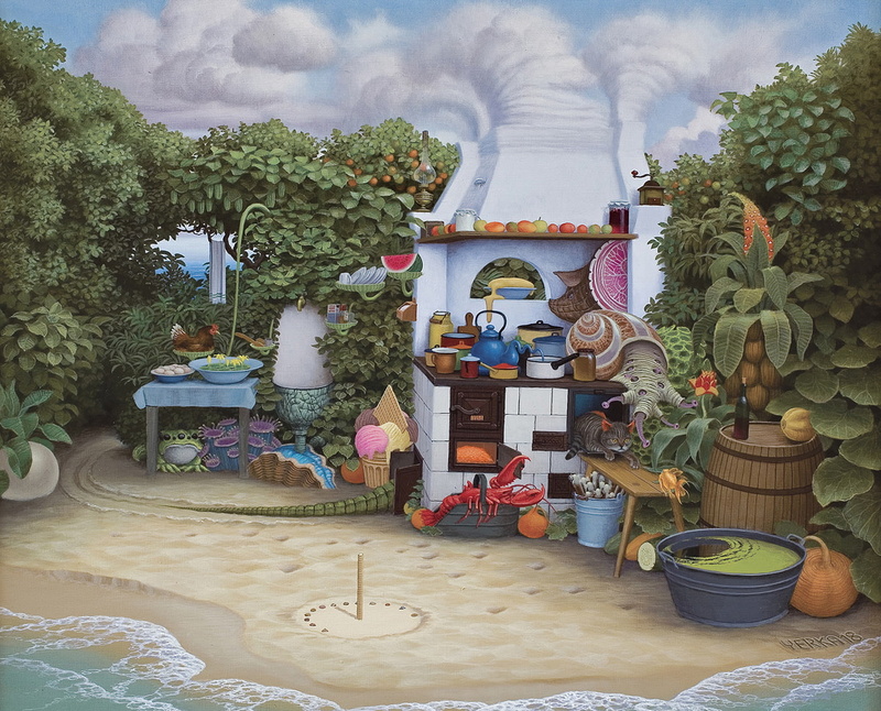 Summer kitchen, kitchen, 720P, plants, Jacek Yerka