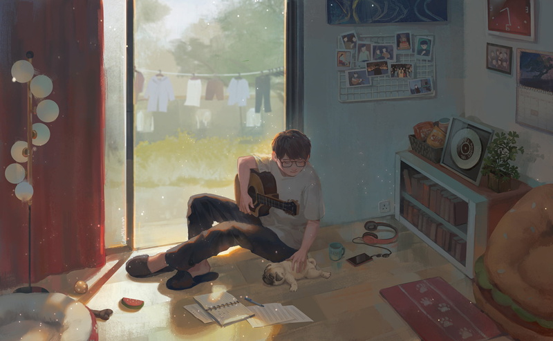 Room, Boy, Guitar, Original, Anime, 1080P, Dog