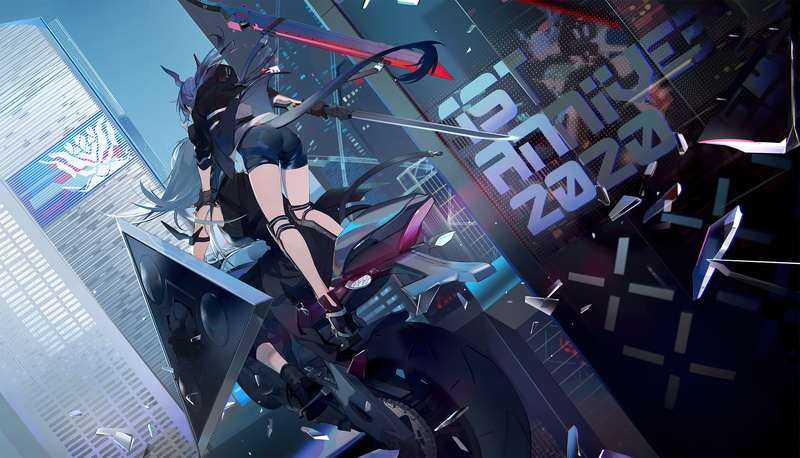 4K, fan art, motorcycle, tail, ponytail, video game girls, anime, digital art, horns, anime girls, long hair, blue hair, Arknights, Chen (Arknights), video game characters