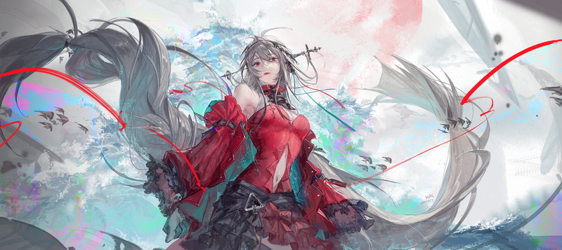 ribbons, looking at viewer, blonde, 2K, long hair, Arknights, red dress, anime, clouds, red eyes, Skadi(Arknights), anime girls